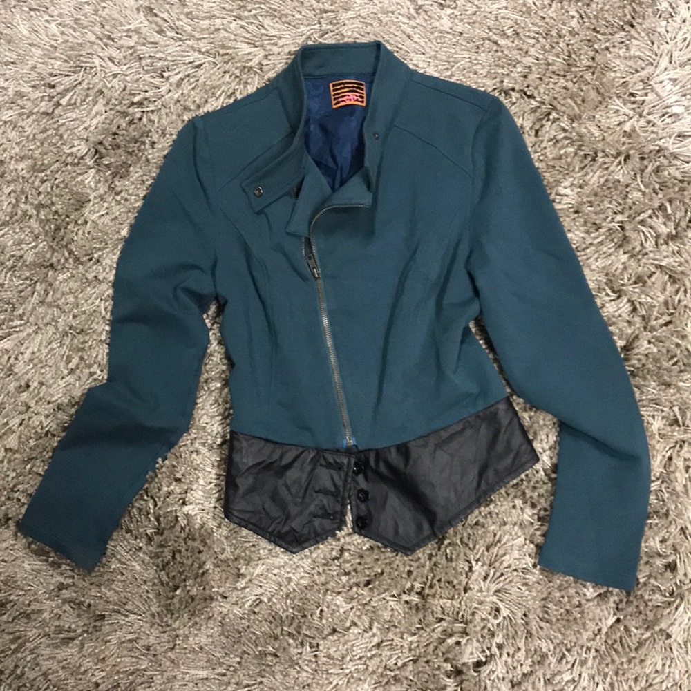 Tobi dark green cotton jacket faux leather trim.